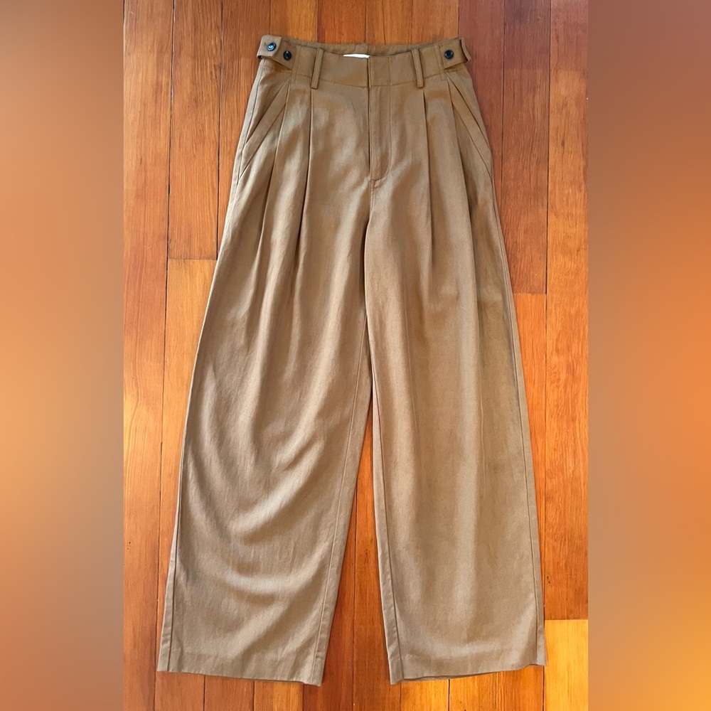 NWOT Madewell Adjustable Waist Wide Leg Tan Camel Pleated Pants - 0 - Picture 3 of 7